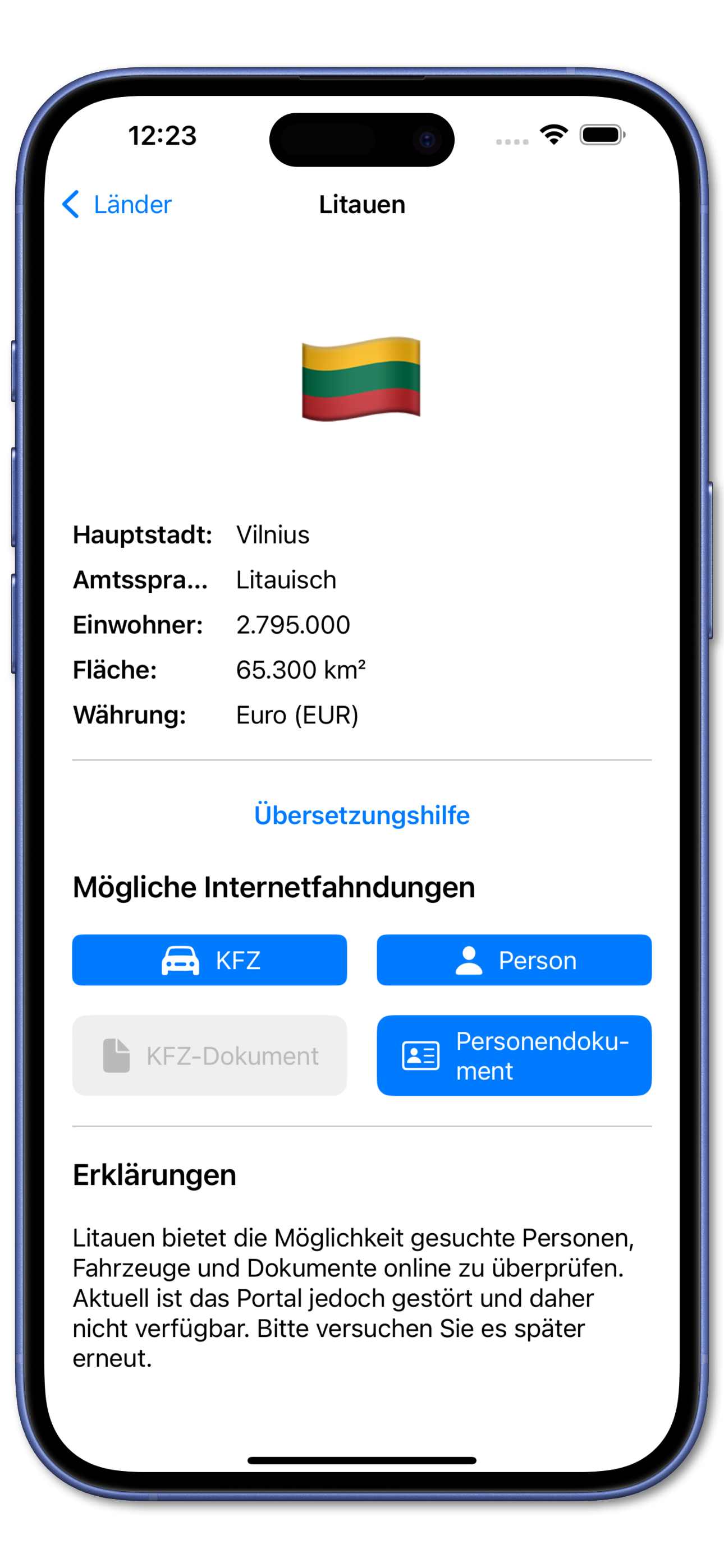 Fahnder App Länderauswahl